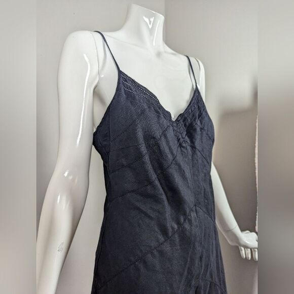Etam Linen Blend Bias Cut Slip Dress Black Y2K Midi Lined Size S/M - Picture 5 of 8